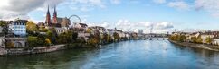 Panorama look at boardwalk in Basel - city near Switzerland, Germany and France, included cathedrals two towers Von Ondej